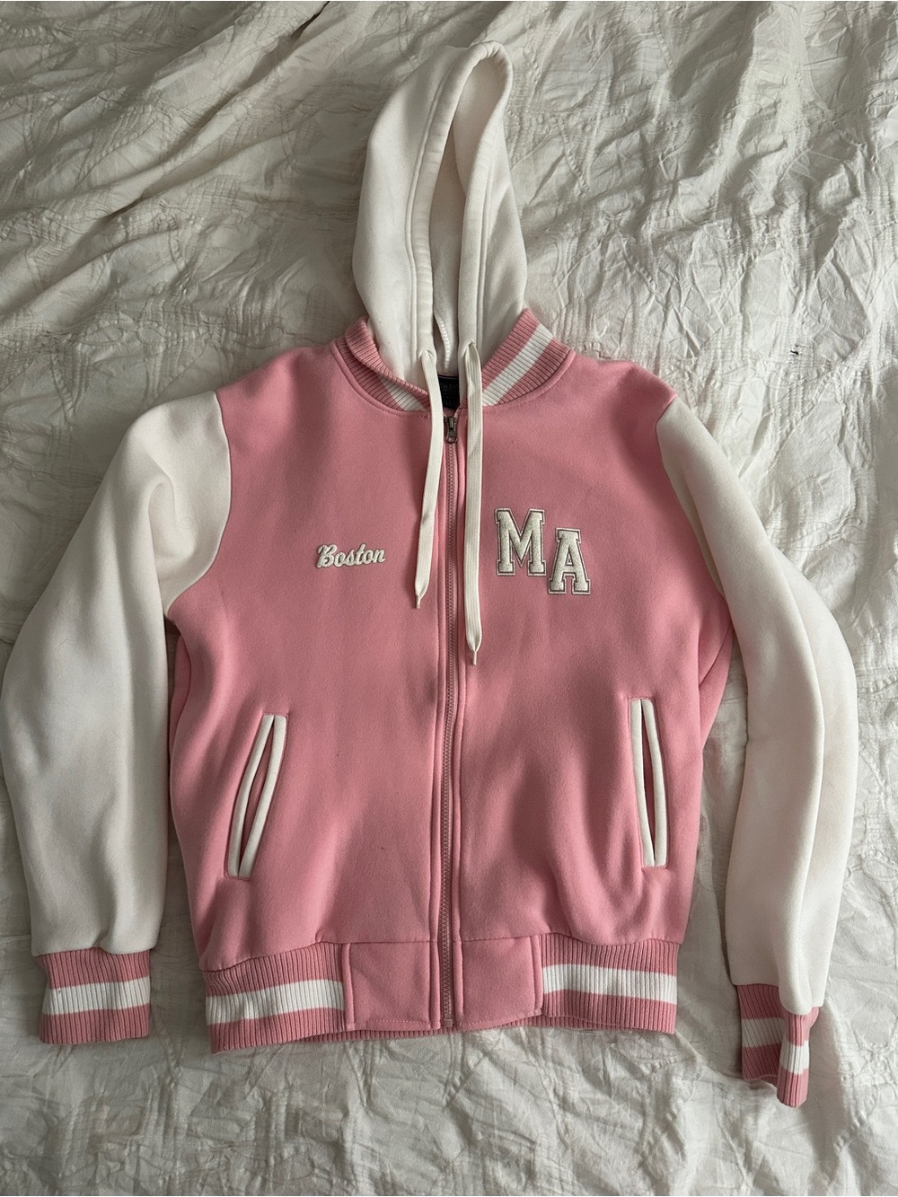 Pink & White Boston MA Varsity Zip Hoodie